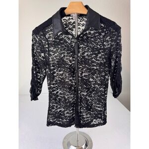 Bongo Women's Small Black Lace Button Up Blouse Faux Leather Trim Whimsigoth Y2K
